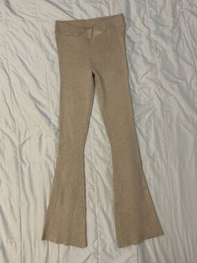 Pink Rose Beige Ribbed Knit Flare Pants